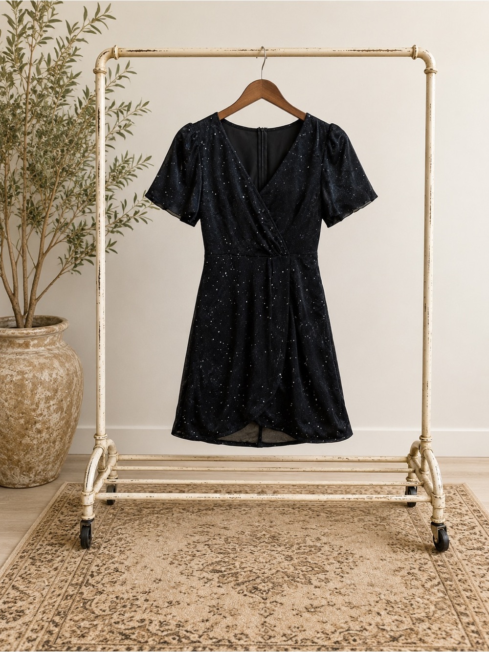Black Sparkle Wrap-Front Mini Dress XS